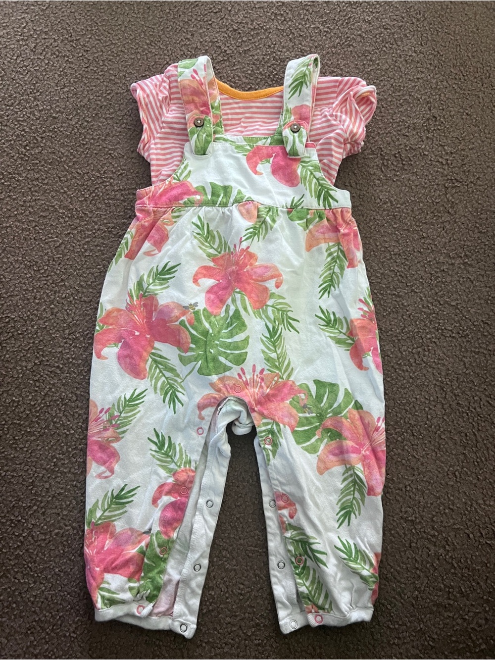 Burt's Bees Baby Pink & Green Floral Overalls Romper